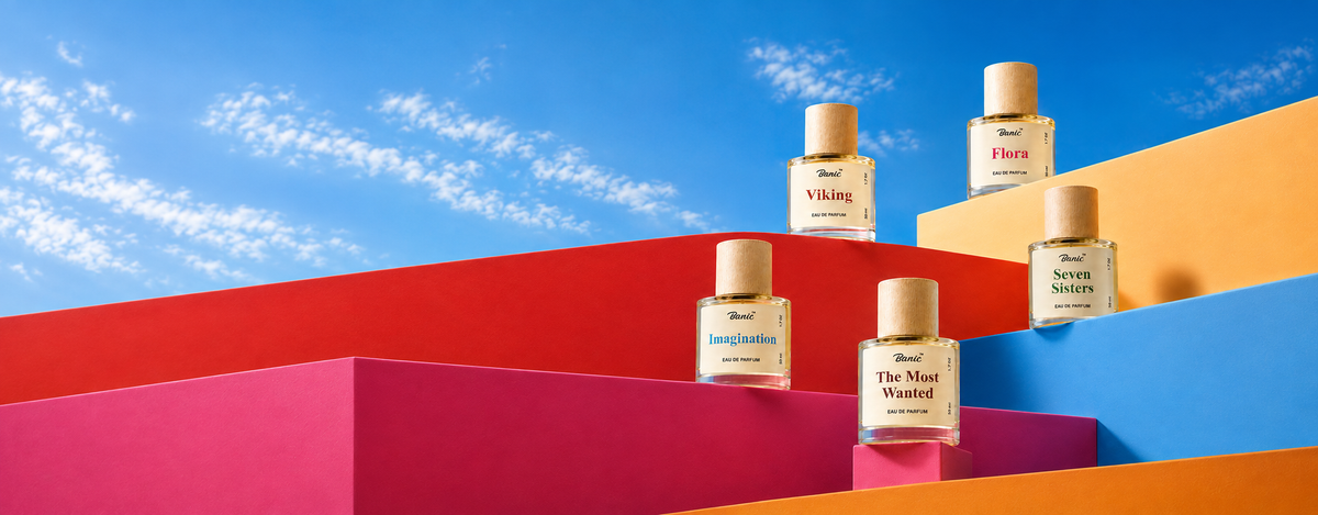 House of Banic fragrances displayed on colorful geometric plinths